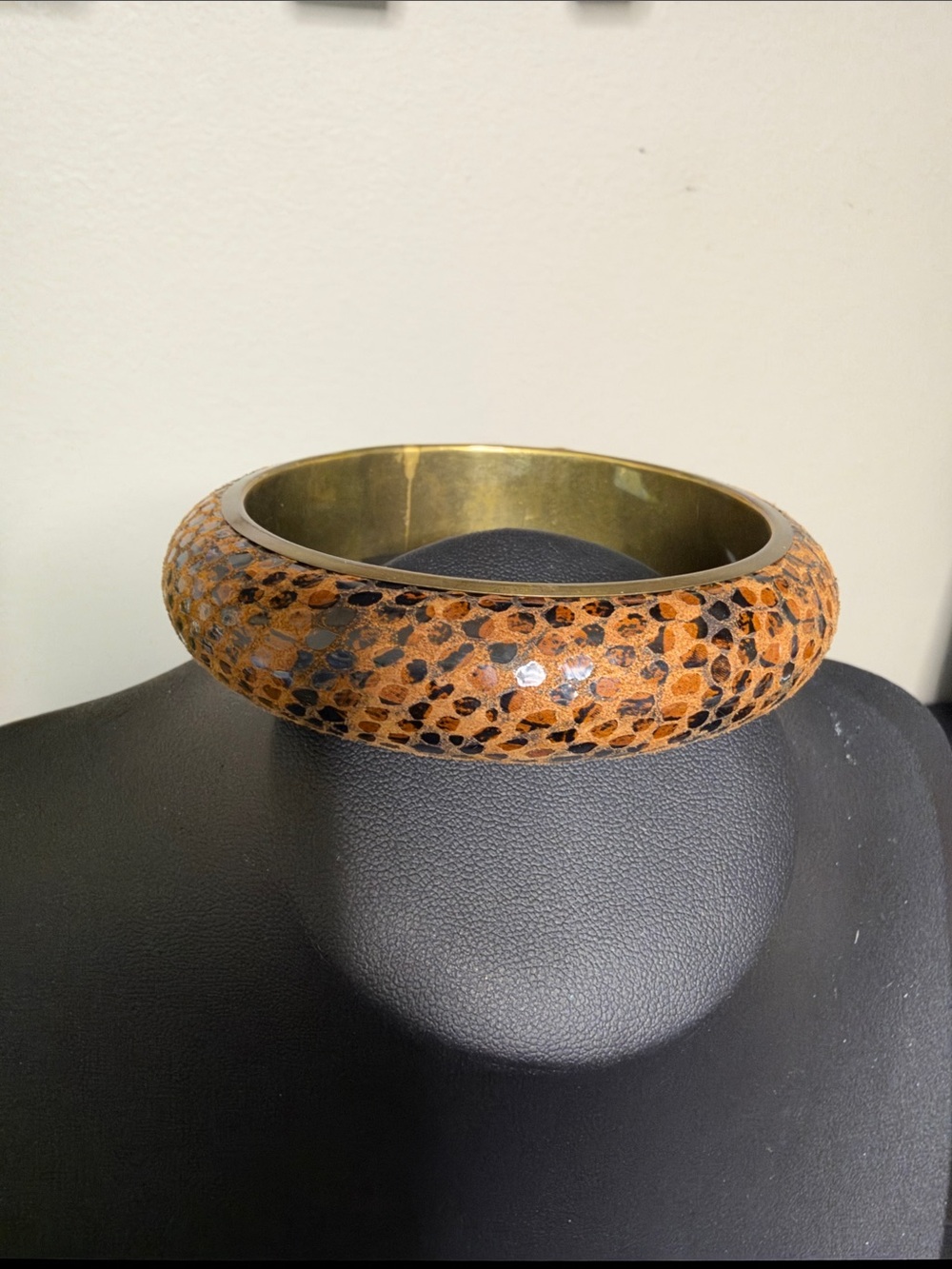 Leopard Print Leather Brass Bangle Statement Chunky Bracelet in Brown